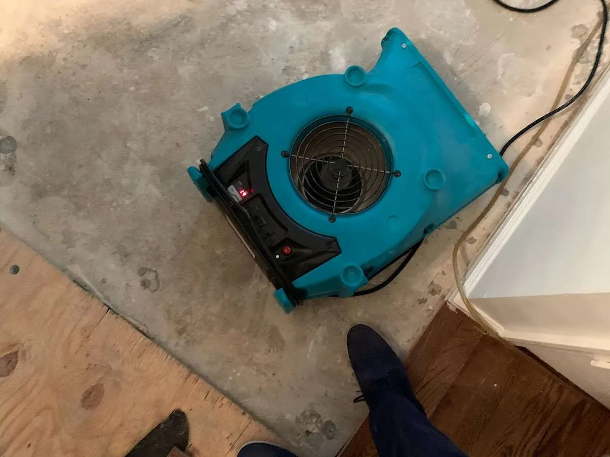 Air mover drying subfloor during Leak Detection & Repair in Woodbridge